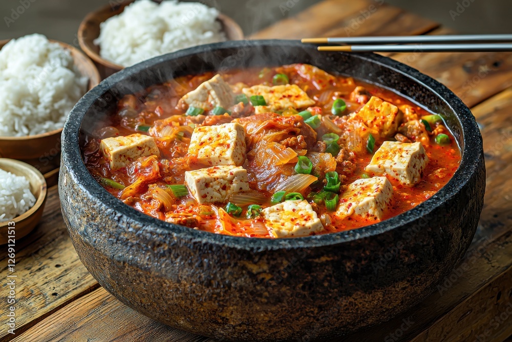 A close-up of steaming Kimchi Jjigae, a traditional Korean stew with tofu and kimchi, served in a stone pot, accompanied by bowls of rice and chopsticks, creating a hearty meal. A close-up of steaming Kimchi Jjigae, a traditional Korean stew with tofu and kimchi, served in a stone pot, accompanied by bowls of rice and chopsticks, creating a hearty meal.