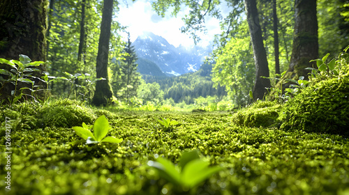 Lush forest floor path  mountain view  sunlight  nature