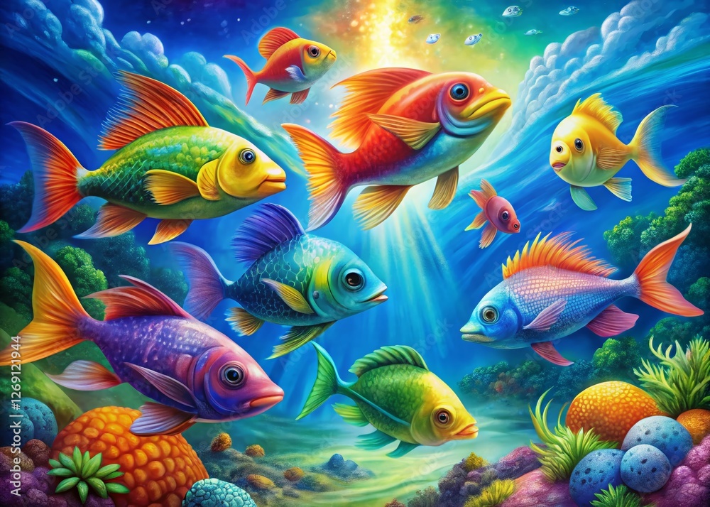 Fototapeta premium Rainbow Fish Painting: Seven Colorful Fish in a Vibrant Artistic Composition