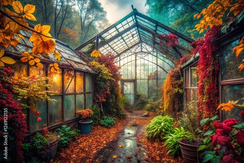 Rainy Autumn Morning Garden Urban Exploration Photography - Overgrown Greenhouse