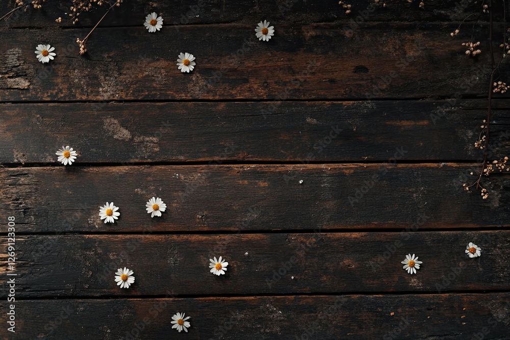Fototapeta premium Rustic Wooden Background with Scattered Daisies and Dried Flowers