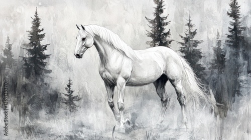 White horse in misty forest, artistic style, wall decor photo