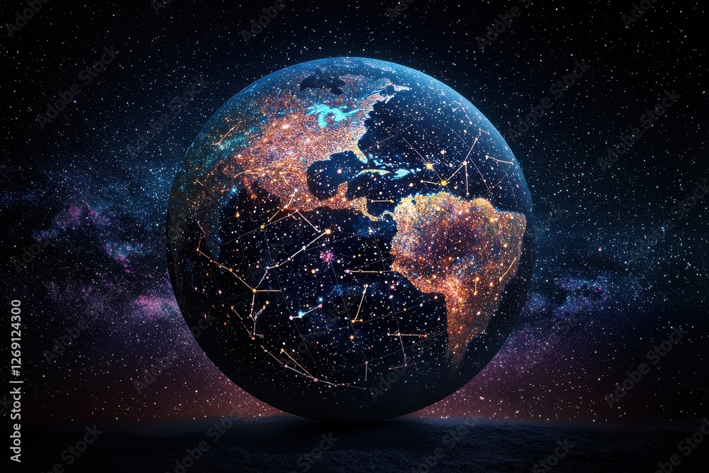 Fototapeta premium Digital rendering of planet Earth in the darkness of space, dotted with illuminated continents, connected by network lines against a galaxy backdrop.