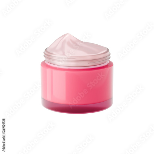 Open pink cosmetic jar containing cream. Minimalistic design, 3d illustration