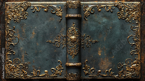 Metal door with a lock and key alongside a rustic antique book cover featuring embossed details and intricate designs Background photo