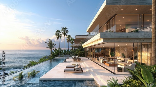 Modern luxury beachfront house with infinity pool  ocean view  palm trees  sunset.