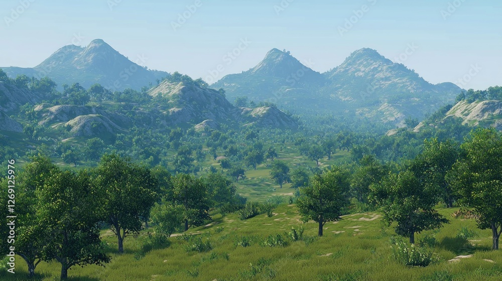 Naklejka premium Scenic valley with mountains and trees, serene landscape