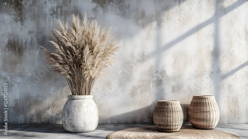 bohemian interior design with pampas grass and woven baskets photo