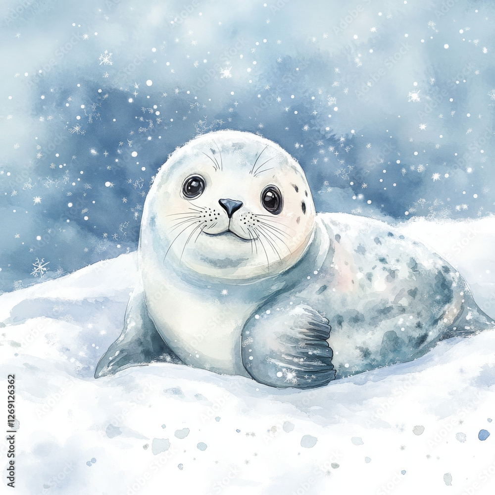 Obraz premium Cute baby seal happily sitting on ice in realistic boho style