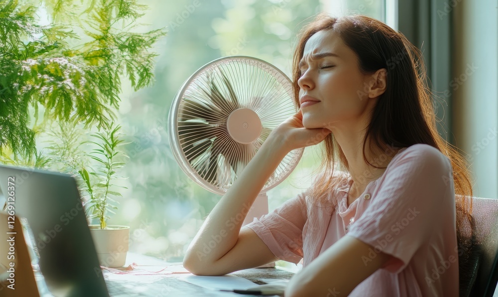 Naklejka premium Woman enjoying cooling fan near a window.