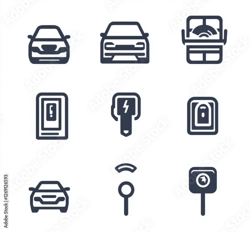 A collection of electric car symbols, displaying the contour and plug of an electrical automobile cable in black, signifying eco-friendly electro auto vehicles.