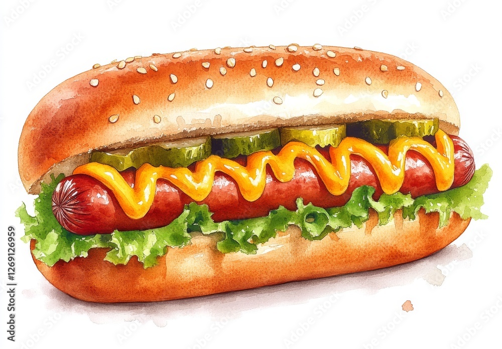 A watercolor illustration of a hot dog, set against a transparent background A watercolor illustration of a hot dog, set against a transparent background