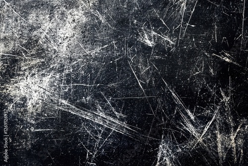 High contrast black and white surface covered in scratches, creating a dramatic, textured effect suitable for edgy and industrial designs and backgrounds.