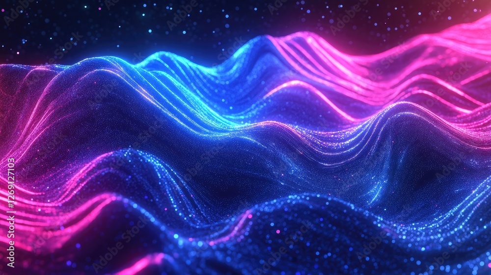 Abstract undulating light waves in neon blue and pink, glowing softly in the dark. Abstract undulating light waves in neon blue and pink, glowing softly in the dark.