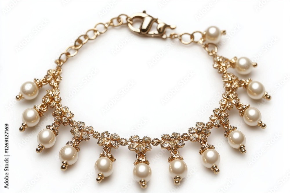 Elegant golden bracelet adorned with delicate pearl drops and sparkling floral accents, exhibiting its refined craftsmanship on a clean white background. Elegant golden bracelet adorned with delicate pearl drops and sparkling floral accents, exhibiting its refined craftsmanship on a clean white background.