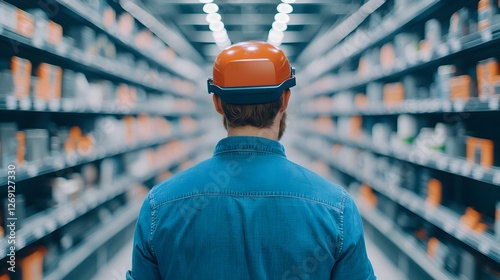 A keen professional wearing an orange safety helmet explores an aisle of tools and products. Technology Leadership and Innovation Concept photo