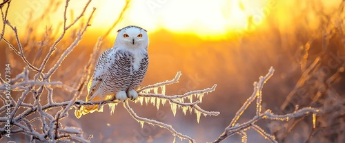 A snowy owl perched on a frozen tree branch, golden sunset in the background