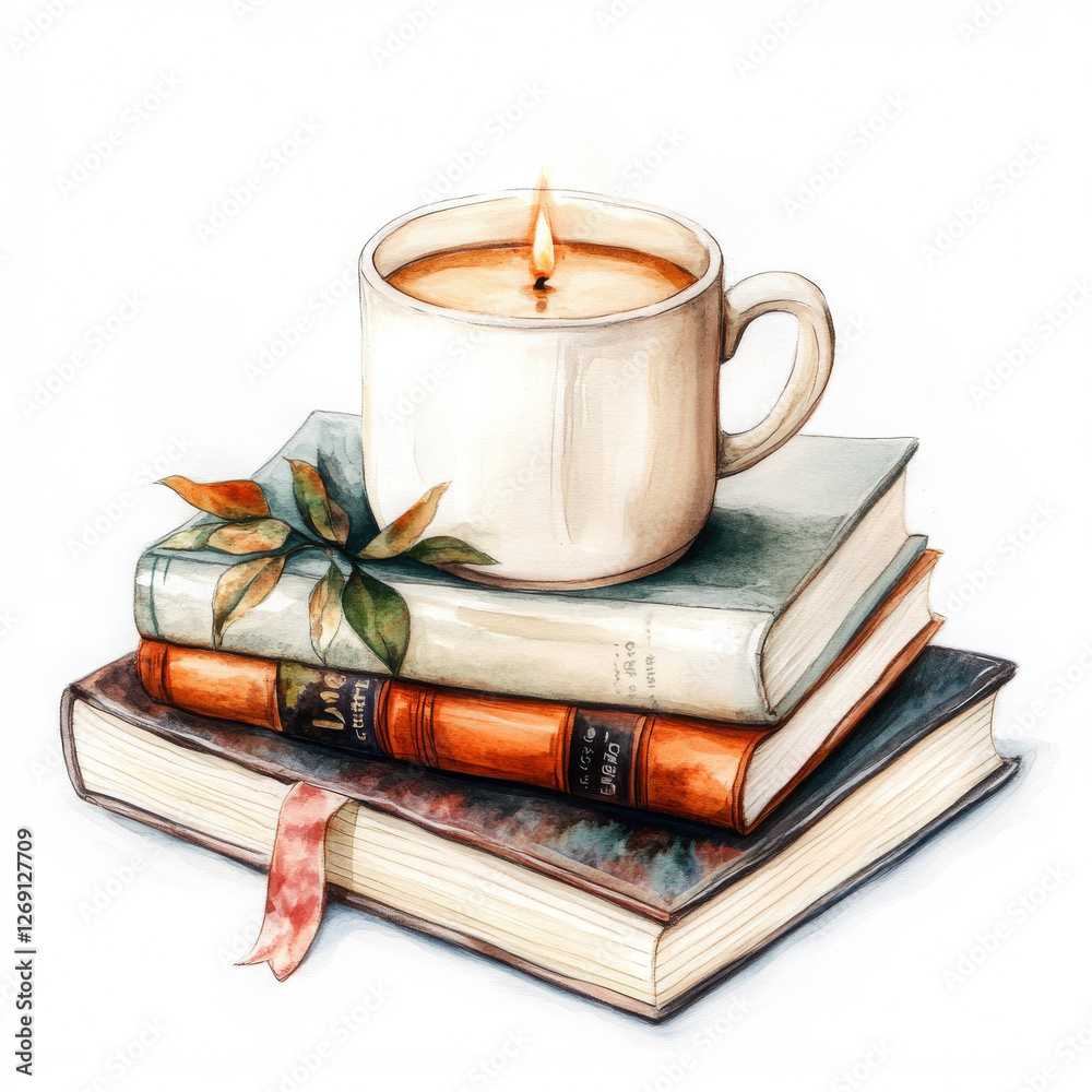 Naklejka premium Illustration painted with candle on books creates cozy, artistic scene