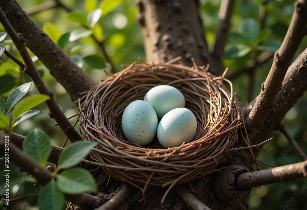 Nest with speckled eggs hidden securely among the branches Nest with speckled eggs hidden securely among the branches