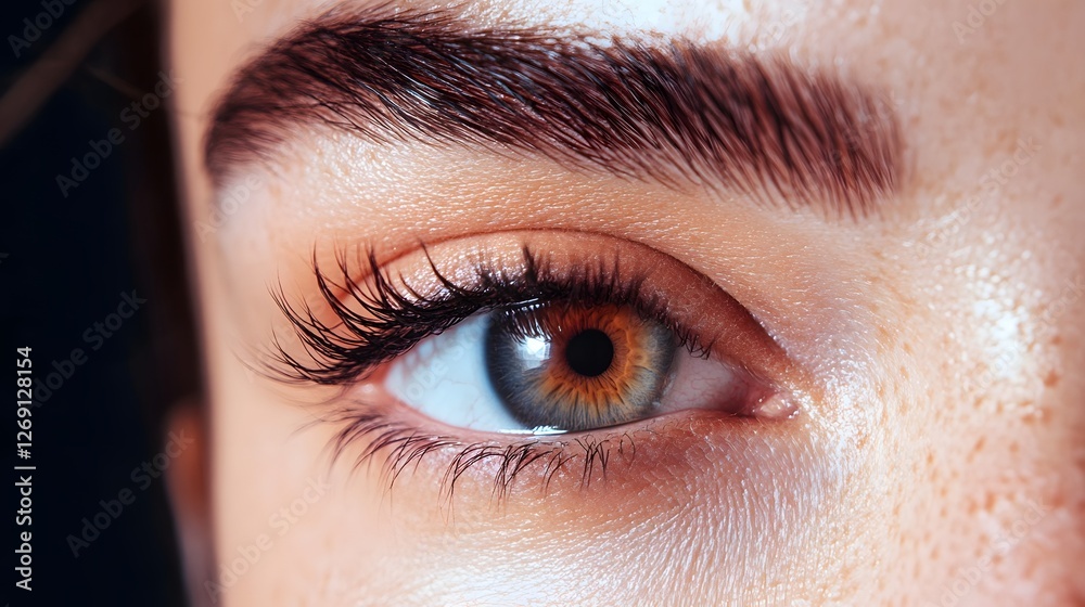 Obraz premium close-up of a womans eye with brown and green iris long eyelashe