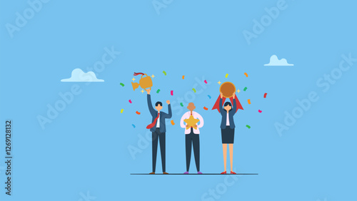 Employee appreciation day concept. Happy employees receive trophies, medals and stars as symbols of success, awards for achieving goals and targets.