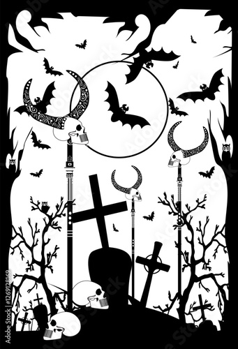 Spooky Graveyard Illustration, land of the dead. A black and white illustration depicts a graveyard scene under a full moon. The moon is surrounded by bats flying in the night sky. The graveyard is fi