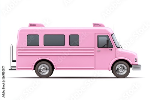 A pink food truck, seen from the side, isolated against a white background