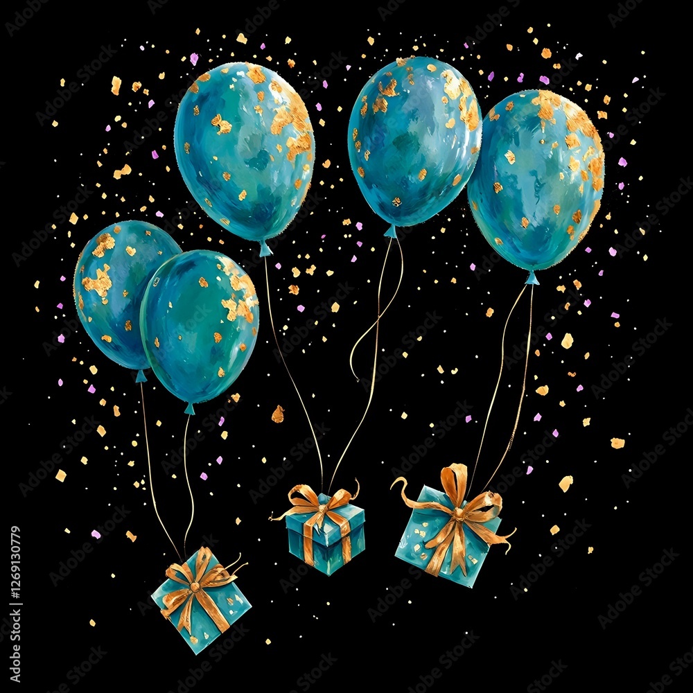 The image presents a whimsical scene of blue balloons adorned with gold confetti, floating against a black background.