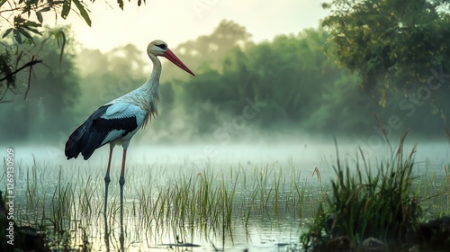 A stork standing near a flooded rice field in the rainy season, mist rising