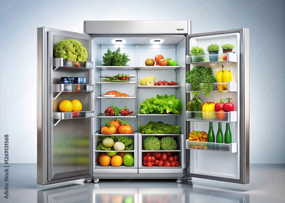 Modern Stainless Steel Fridge with Fresh Produce Modern Stainless Steel Fridge with Fresh Produce