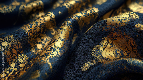 Close up of blue and gold patterned fabric with luxurious golden lace overlay on rich navy background for textile and fashion design applications Background photo