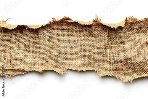 A torn piece of burlap with a textured surface, displayed on a white background, resembling canvas