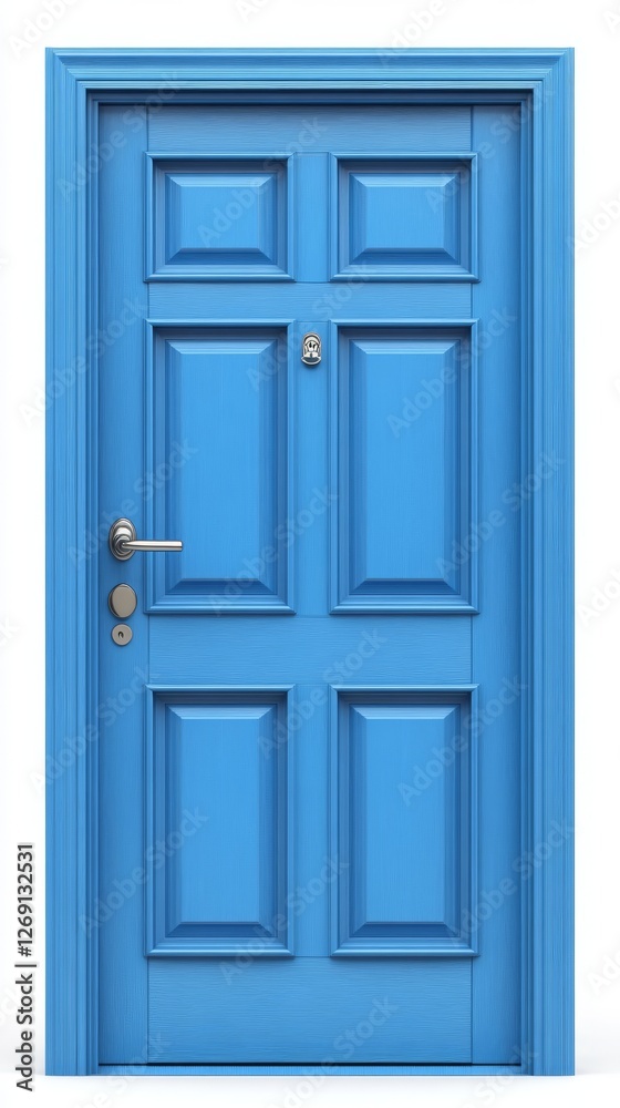 A traditional blue wooden door with a frame, set against a white background A traditional blue wooden door with a frame, set against a white background