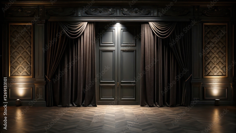 Fototapeta premium Dark Elegant Interior Featuring Closed Door with Dramatic Shadows