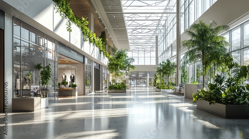 Modern Shopping Mall Interior Design, Sunlit Atrium with Lush Greenery