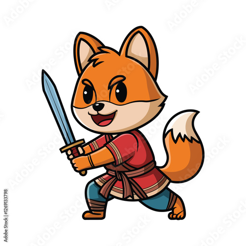 A cute anthropomorphic fox warrior in a dynamic pose, holding a sharp sword with both hands.