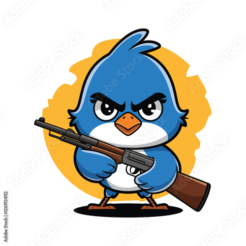 A fierce and determined anthropomorphic blue bird with a white belly, holding a rifle with both wings.