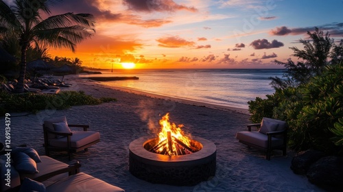 A burning fire pit on the beach with a sunset in the background.