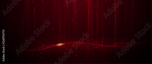 Illustration vector abstract wave, flow line, motion pattern and particle dot on dark red background. Modern futuristic, big data design for background. Digital datum, high tech, technology concept