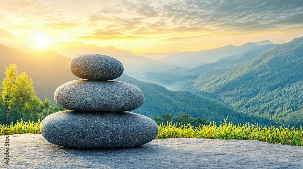 Majestic stack of balanced rocks sitting on top of a rugged mountain with scenic background Majestic stack of balanced rocks sitting on top of a rugged mountain with scenic background