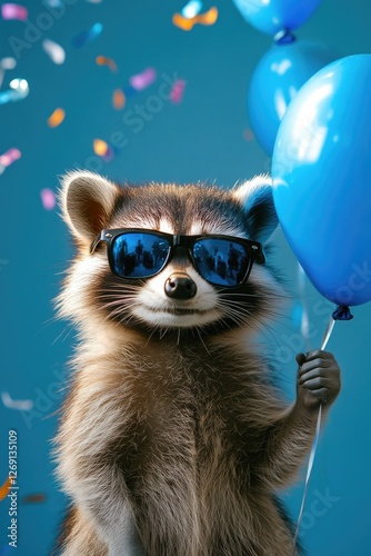 Cool Raccoon Wearing Sunglasses Holding Birthday Balloons
