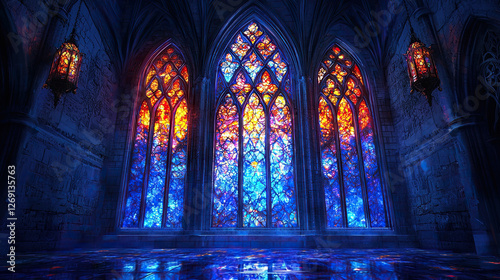 Intricate stained glass window in a gothic cathedral showcasing detailed designs and vibrant colors illuminated by natural light Background photo