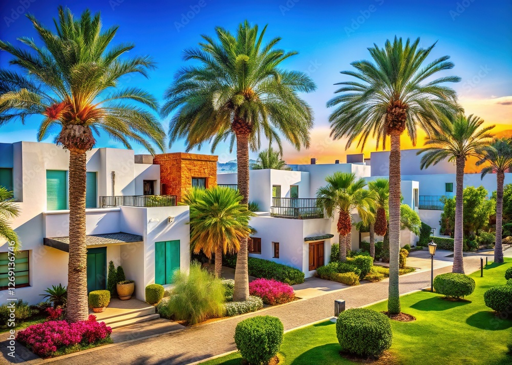 Fototapeta premium Tropical and Middle Eastern Homes in Azure Skies