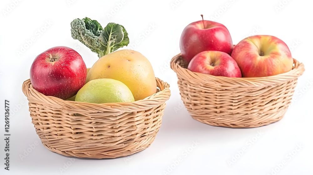 Fresh Fruits in Woven Baskets for Healthy Eating Display Fresh Fruits in Woven Baskets for Healthy Eating Display