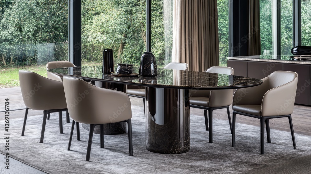 Fototapeta premium A contemporary dining table set with chairs, positioned in a well-lit, modern kitchen space.
