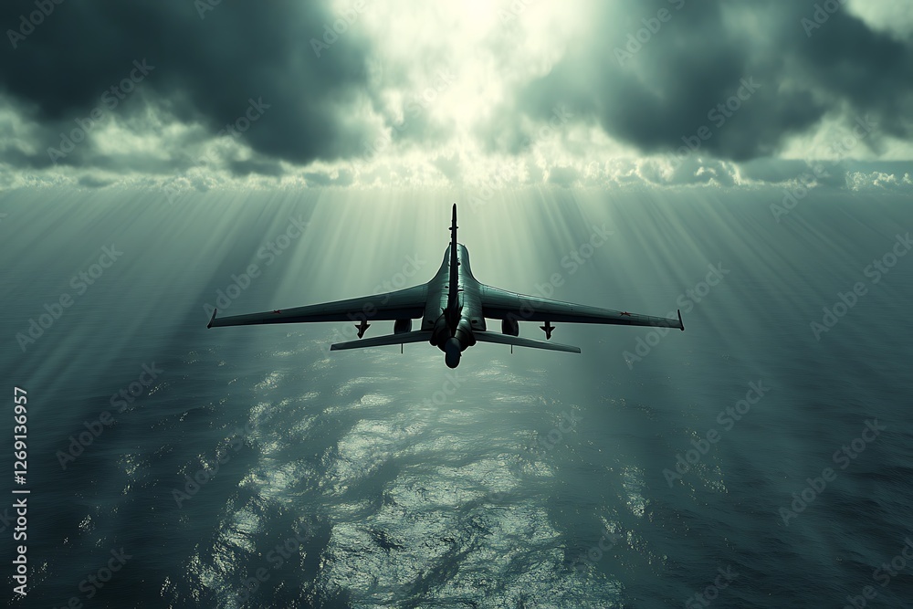 Naklejka premium Hyper-realistic image of the Russian Su-34 soaring through the sky, with detailed texture and soft golden-hour lighting.