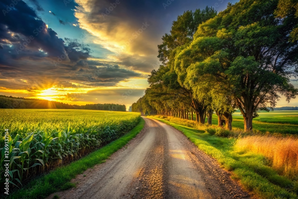 Rural Gravel Road Through Cornfield and Trees - Autumn Landscape Photography Rural Gravel Road Through Cornfield and Trees - Autumn Landscape Photography