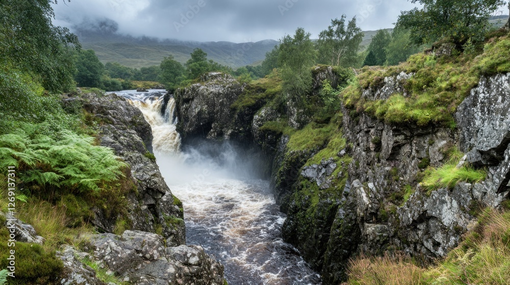Majestic Waterfall Cascading Through Rugged Highlands Majestic Waterfall Cascading Through Rugged Highlands