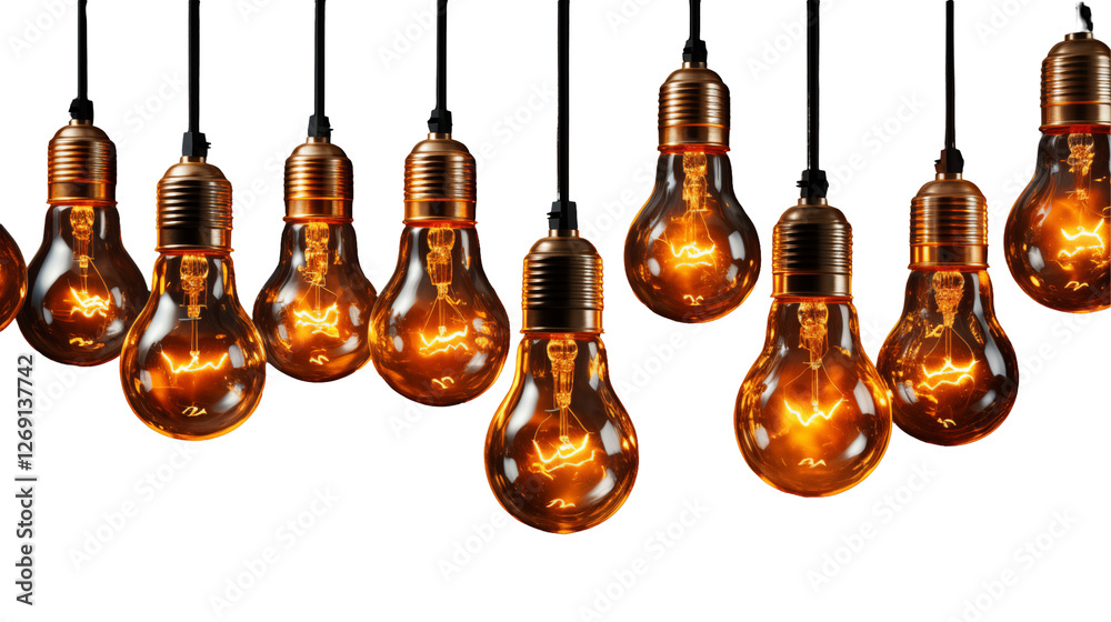 Obraz premium Vintage Edison Bulbs Glowing Retro Light, Warm Hanging Lamps for Dark Backgrounds, isolated on transparent background.