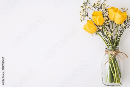 Beautiful bouquet of yellow tulips and small white flowers in a vase, set against a clean white background, perfect for adding a touch of nature to your home decor